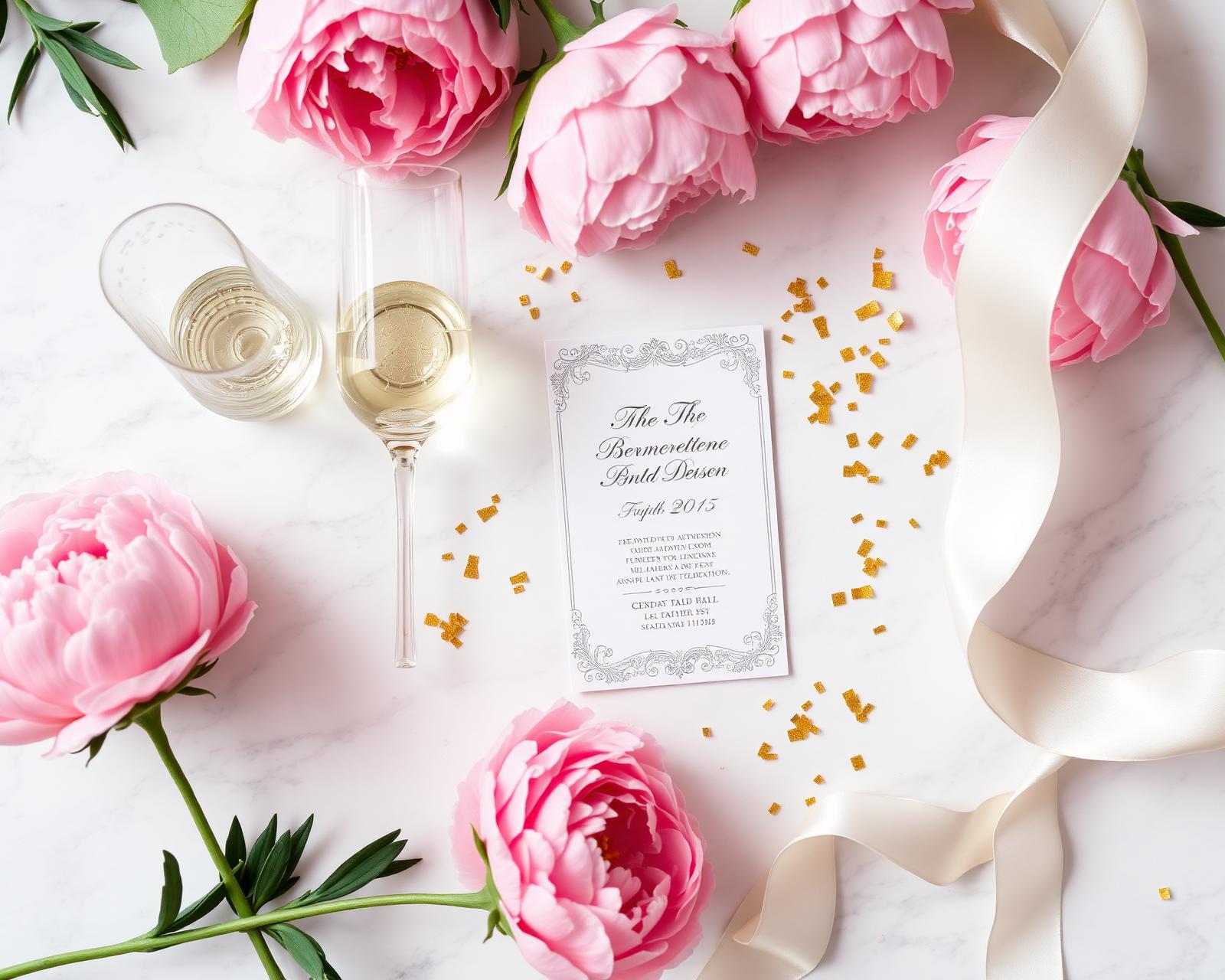 A personalized bachelorette invitation styled with flowers and champagne